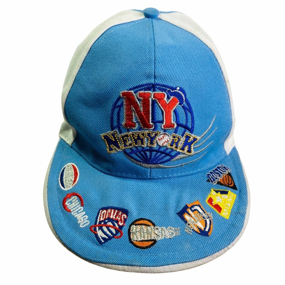 New Era Baseball Cap Vtg Y2K Mens 7 1/4 Blue White NBA City‎ Patches NY Phila